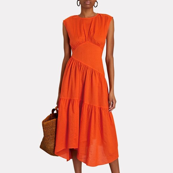 Frame Denim Dresses & Skirts - FRAME $556 Asymmetrical Seersucker Cotton Tiered Midi Dress in Orange Size XS
